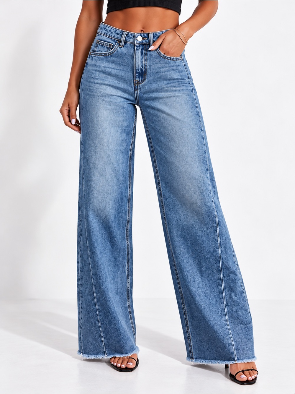 High Rise Wide Leg Jeans Raw Hem Side Seam Blue SIDEFEEL Size 8 NWT